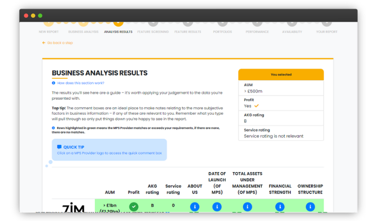 Analyser MPS comparison Screenshot of Analyser's MPS business analysis feature