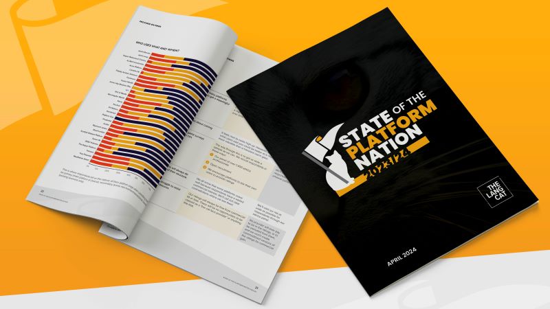 Front cover and inside spread of the lang cat's State of the Platform Nation